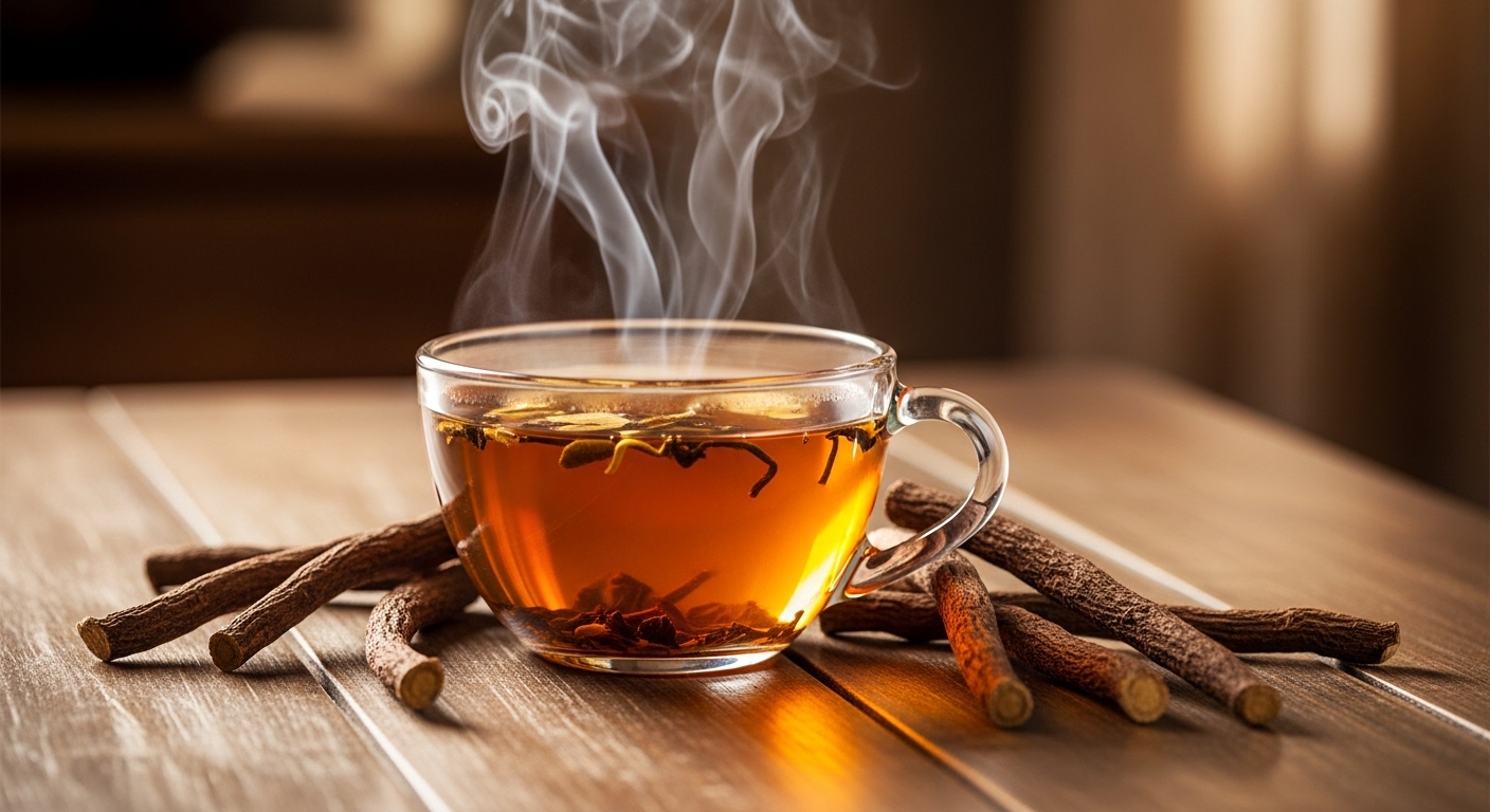 Filiżanka herbaty z lukrecji z kawałkami korzenia obok copie