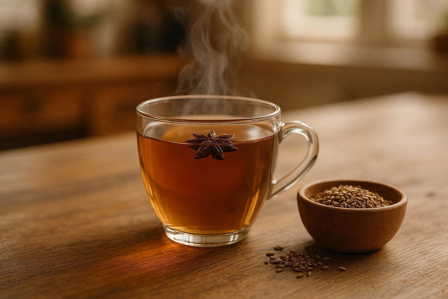 Herbata z anyżu w szklanej filiżance oraz nasiona anyżu w drewnianej miseczce.