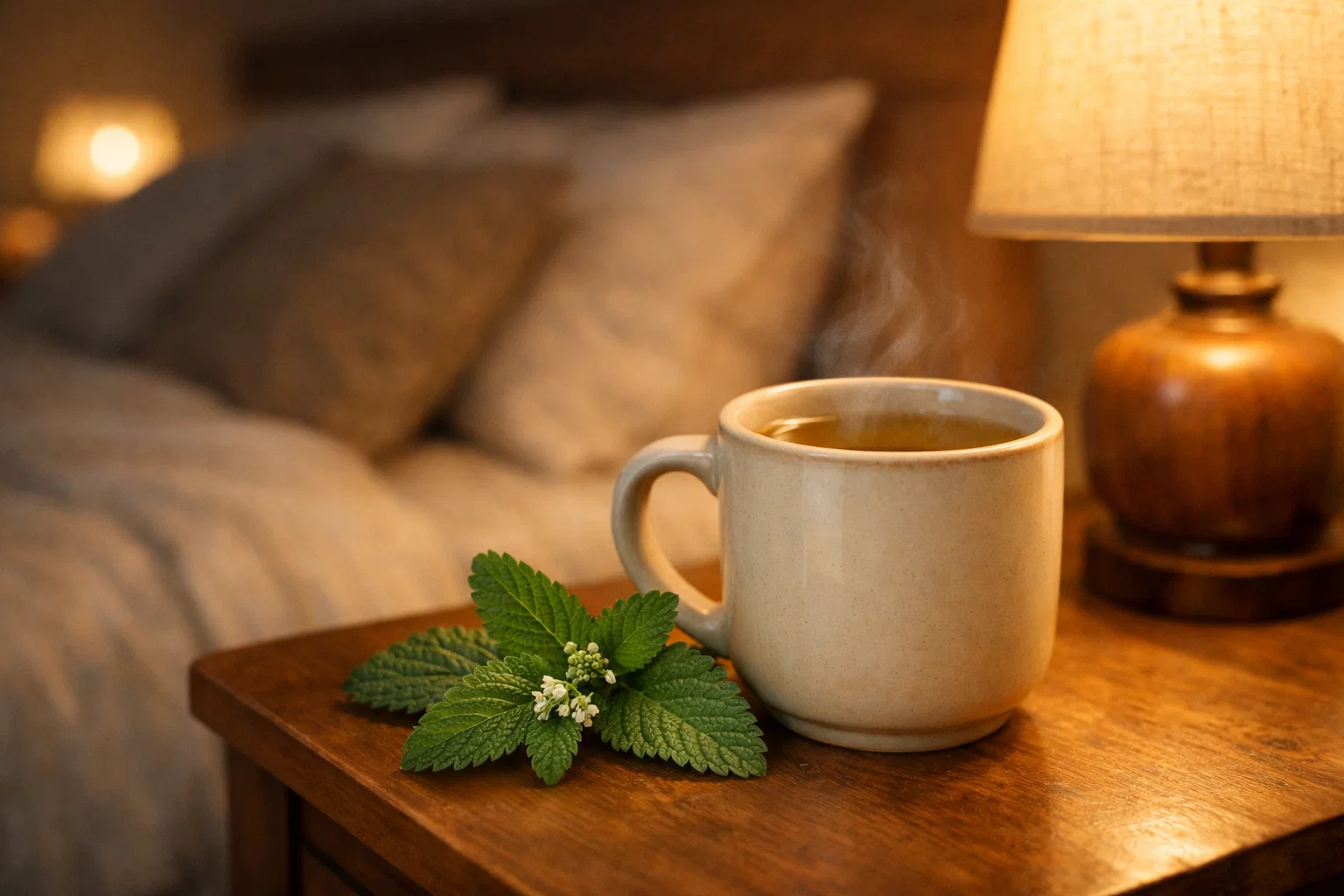 Herbata z melisy na nocnym stoliku w sypialni