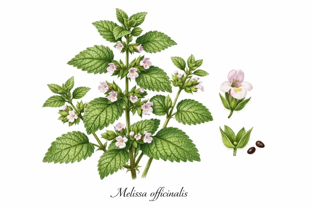 Ilustracja botaniczna melisy lekarskiej (Melissa officinalis) przedstawiająca liście i kwiaty.