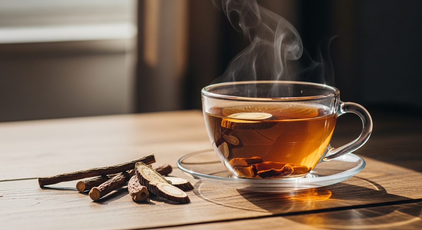 Napar z korzenia lukrecji w szklanej filiżance z kawałkami suszonego korzenia