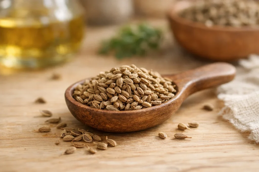 Nasiona anyżu (Pimpinella anisum) w drewnianej łyżce, tradycyjnie stosowane na trawienie.