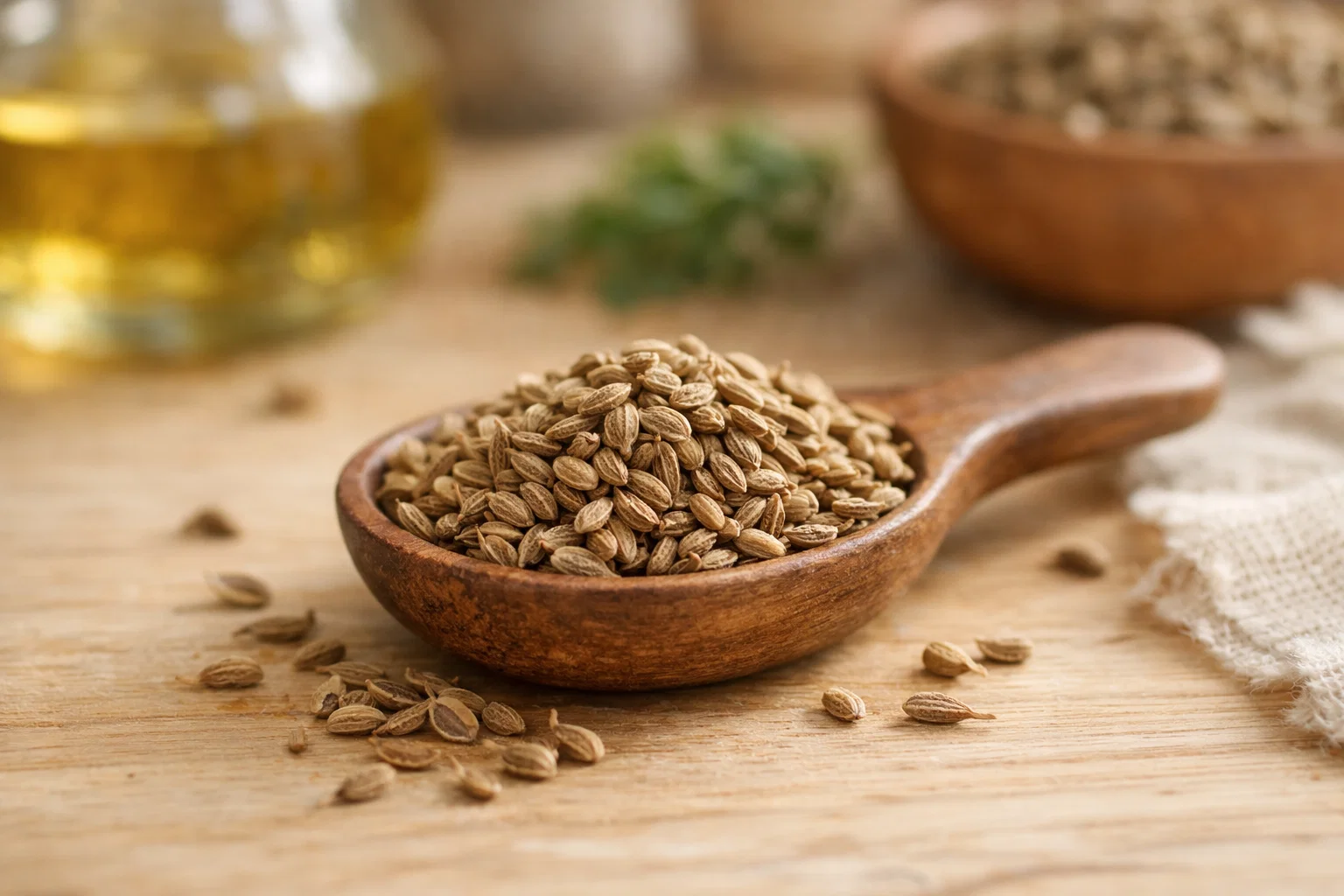 Nasiona anyżu (Pimpinella anisum) w drewnianej łyżce, tradycyjnie stosowane na trawienie.