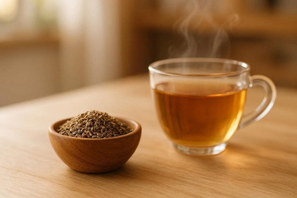 Nasiona anyżu (Pimpinella anisum) w drewnianej miseczce obok filiżanki naparu ziołowego.
