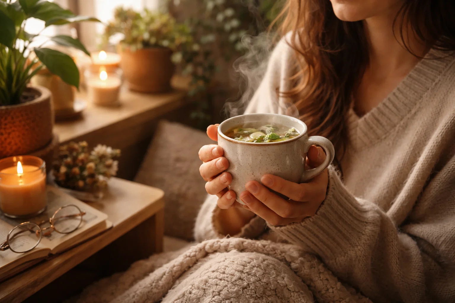 Osoba pijąca herbatę z melisy w celu relaksacji i redukcji stresu.