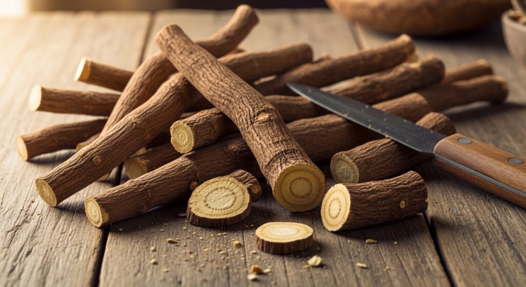 Plastry korzenia lukrecji Glycyrrhiza glabra na neutralnym tle