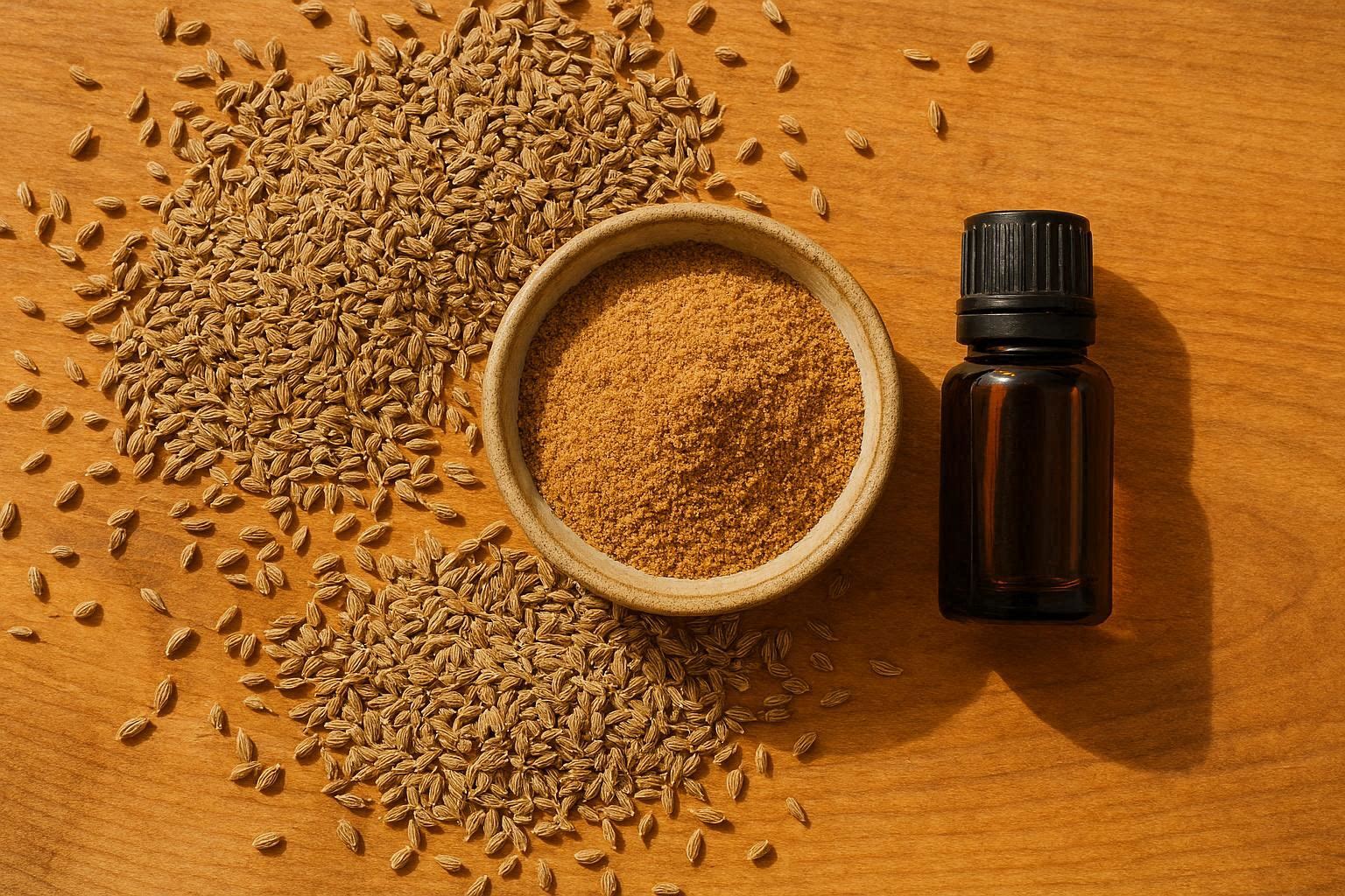 Różne formy anyżu (Pimpinella anisum)- nasiona, proszek i olejek eteryczny.