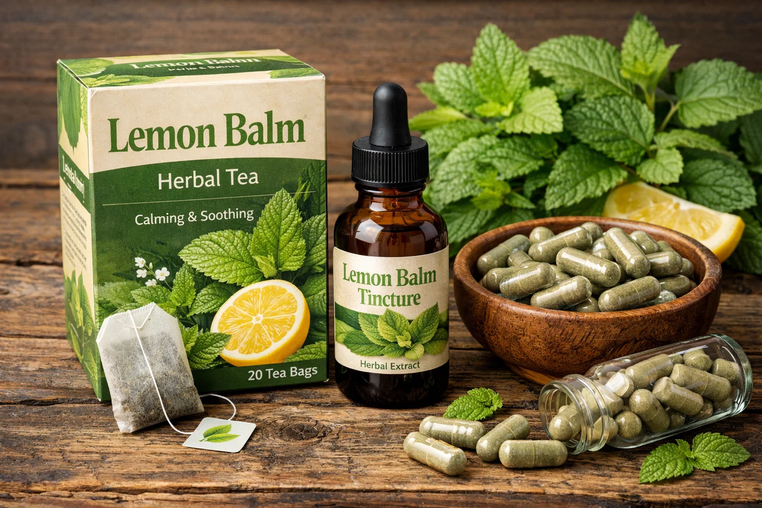 Różne formy melisy- herbata, nalewka oraz kapsułki z ekstraktem.