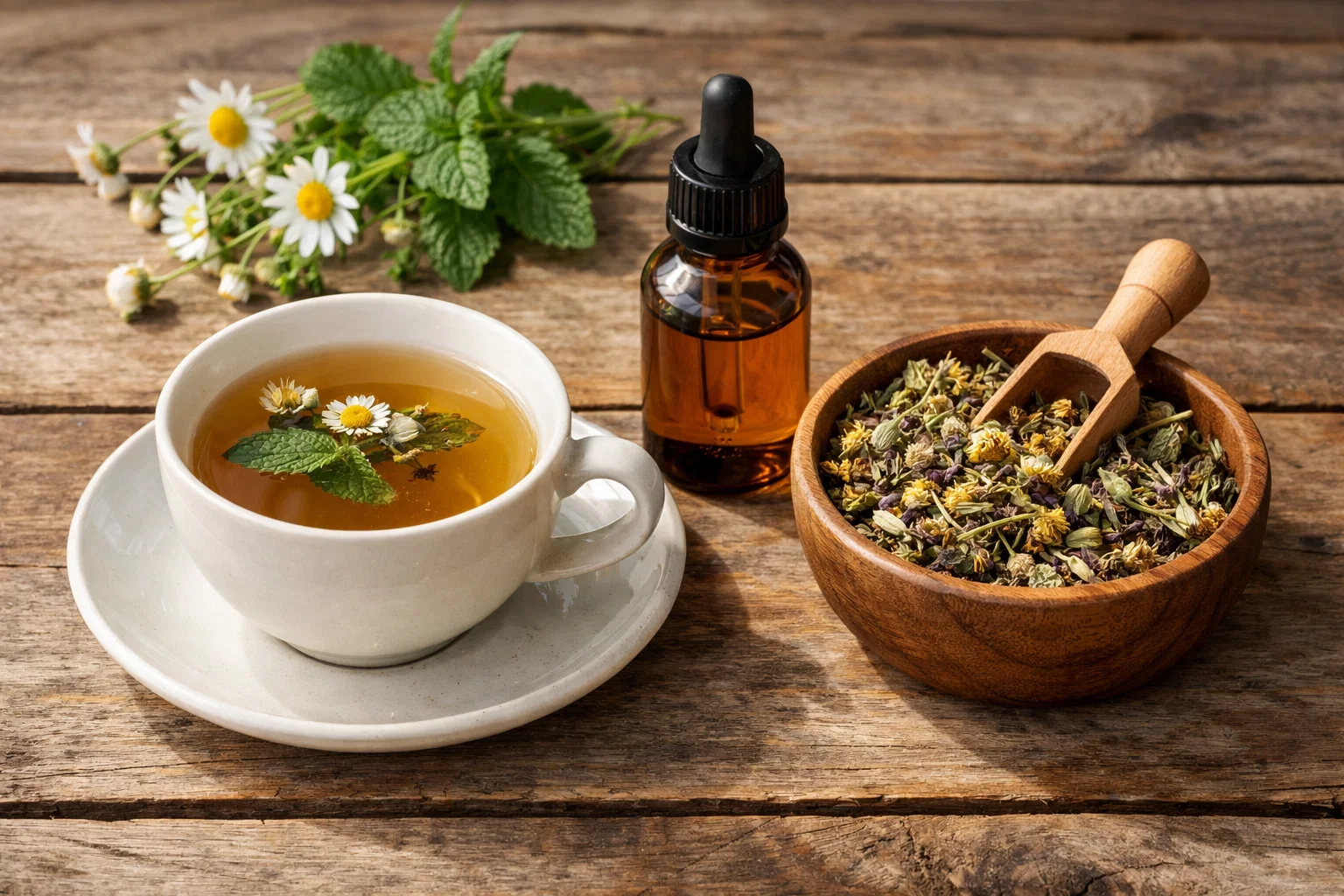 Różne formy melisy- napar, olejek eteryczny i suszone zioła.