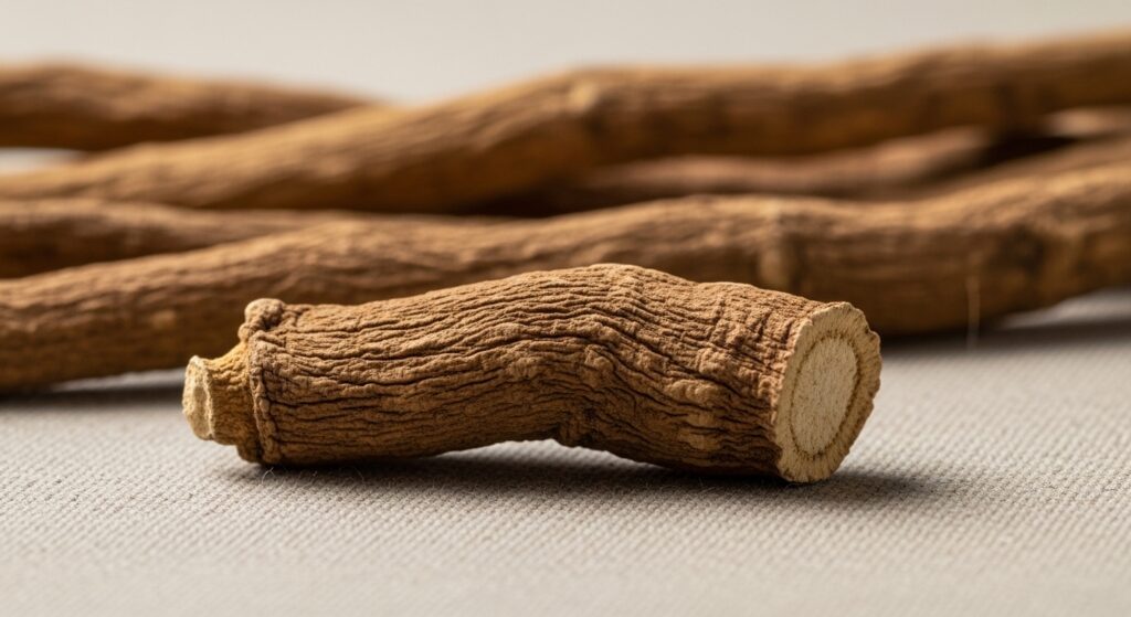 Suszony korzeń lukrecji (Glycyrrhiza glabra) w zbliżeniu, widoczna struktura włókien